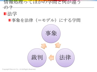 Copyright Drecom Co., Ltd All Rights Reserved.
情報処理ってほかの学問と何が違う
の？
法学
事象を法律（＝モデル）にする学問
事象
法律裁判
 