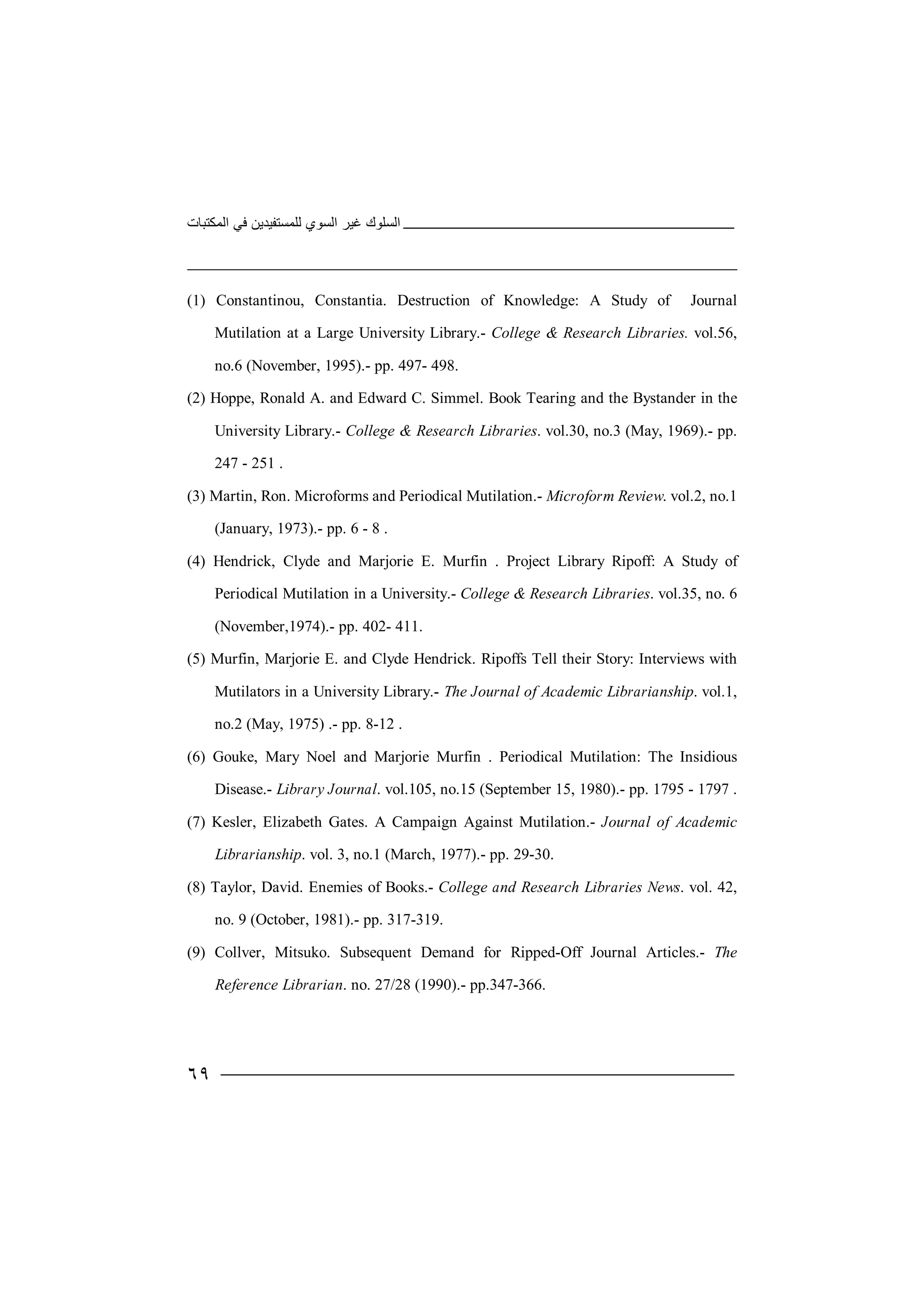 ‫اﻟﻤﻜﺘﺒﺎت‬ ‫ﻓﻲ‬ ‫ﻟﻠﻤﺴﺘﻔﯿﺪﯾﻦ‬ ‫اﻟﺴﻮي‬ ‫ﻏﯿﺮ‬ ‫اﻟﺴﻠﻮك‬
٦٩
(1) Constantinou, Constantia. Destruction of Knowledge: A Study of Journal
Mutilation at a Large University Library.- College & Research Libraries. vol.56,
no.6 (November, 1995).- pp. 497- 498.
(2) Hoppe, Ronald A. and Edward C. Simmel. Book Tearing and the Bystander in the
University Library.- College & Research Libraries. vol.30, no.3 (May, 1969).- pp.
247 - 251 .
(3) Martin, Ron. Microforms and Periodical Mutilation.- Microform Review. vol.2, no.1
(January, 1973).- pp. 6 - 8 .
(4) Hendrick, Clyde and Marjorie E. Murfin . Project Library Ripoff: A Study of
Periodical Mutilation in a University.- College & Research Libraries. vol.35, no. 6
(November,1974).- pp. 402- 411.
(5) Murfin, Marjorie E. and Clyde Hendrick. Ripoffs Tell their Story: Interviews with
Mutilators in a University Library.- The Journal of Academic Librarianship. vol.1,
no.2 (May, 1975) .- pp. 8-12 .
(6) Gouke, Mary Noel and Marjorie Murfin . Periodical Mutilation: The Insidious
Disease.- Library Journal. vol.105, no.15 (September 15, 1980).- pp. 1795 - 1797 .
(7) Kesler, Elizabeth Gates. A Campaign Against Mutilation.- Journal of Academic
Librarianship. vol. 3, no.1 (March, 1977).- pp. 29-30.
(8) Taylor, David. Enemies of Books.- College and Research Libraries News. vol. 42,
no. 9 (October, 1981).- pp. 317-319.
(9) Collver, Mitsuko. Subsequent Demand for Ripped-Off Journal Articles.- The
Reference Librarian. no. 27/28 (1990).- pp.347-366.
 