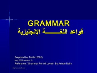http://www.star28.comhttp://www.star28.com
GRAMMARGRAMMAR
‫الجنجليزية‬ ‫اللغــــــــــة‬ ‫قواعد‬‫الجنجليزية‬ ‫اللغــــــــــة‬ ‫قواعد‬
Prepared by: Mulla (2002)Prepared by: Mulla (2002)
May 2002 (version 0)May 2002 (version 0)
Reference: “Grammar For All Levels” By Adnan NaimReference: “Grammar For All Levels” By Adnan Naim
 