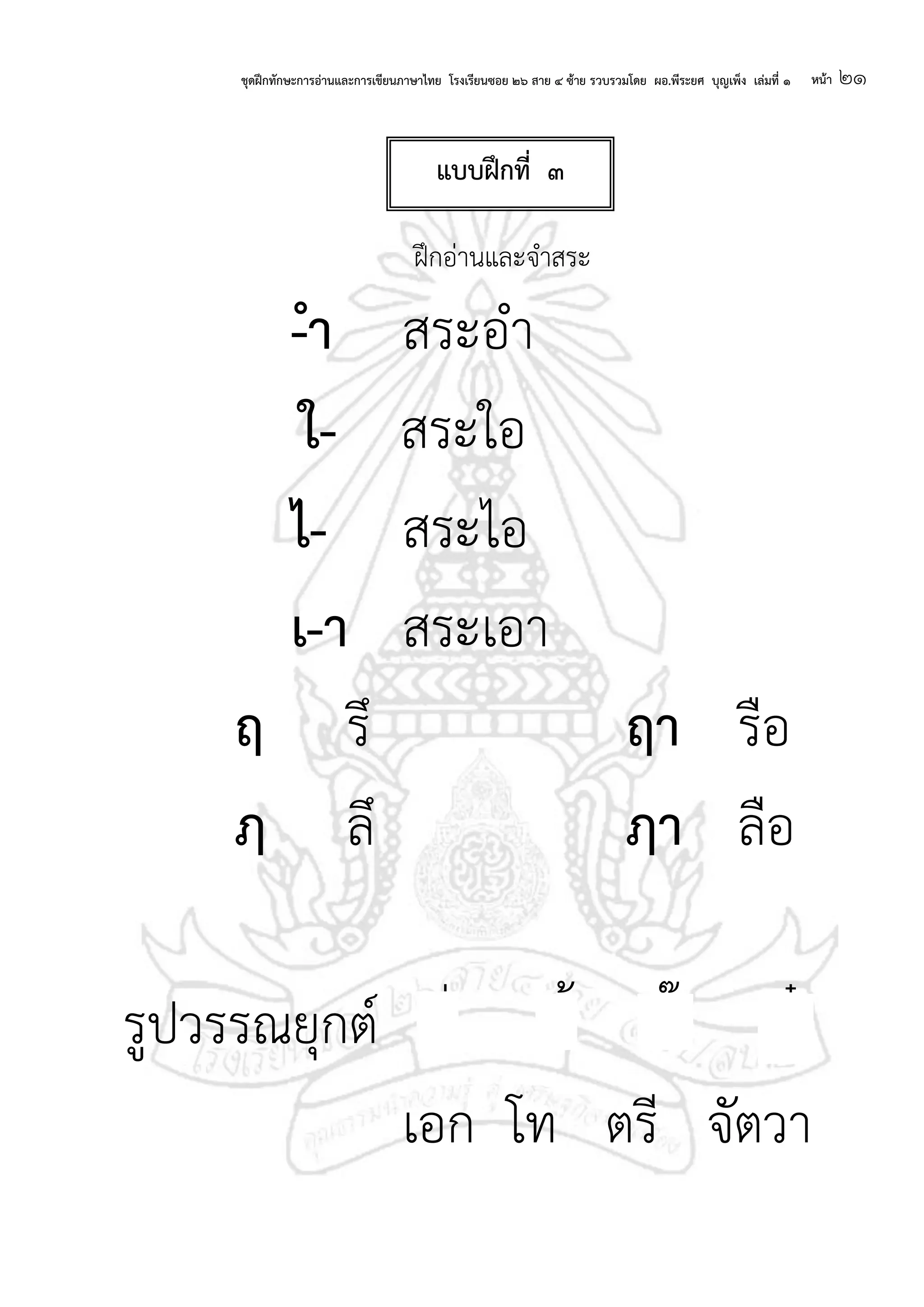 ชุดฝึกทักษะการอ่านและการเขียนภาษาไทย โรงเรียนซอย ๒๖ สาย ๔ ซ้าย รวบรวมโดย ผอ.พีระยศ บุญเพ็ง เล่มที่ ๑ หน้า ๒๑
ฝึกอ่านและจาสระ
-ำ สระอา
ใ- สระใอ
ไ- สระไอ
เ-า สระเอา
ฤ รึ ฤา รือ
ฦ ลึ ฦา ลือ
รูปวรรณยุกต์ รี่ รี้ รี๊ รี๋
เอก โท ตรี จัตวา
แบบฝึกที่ ๓
 