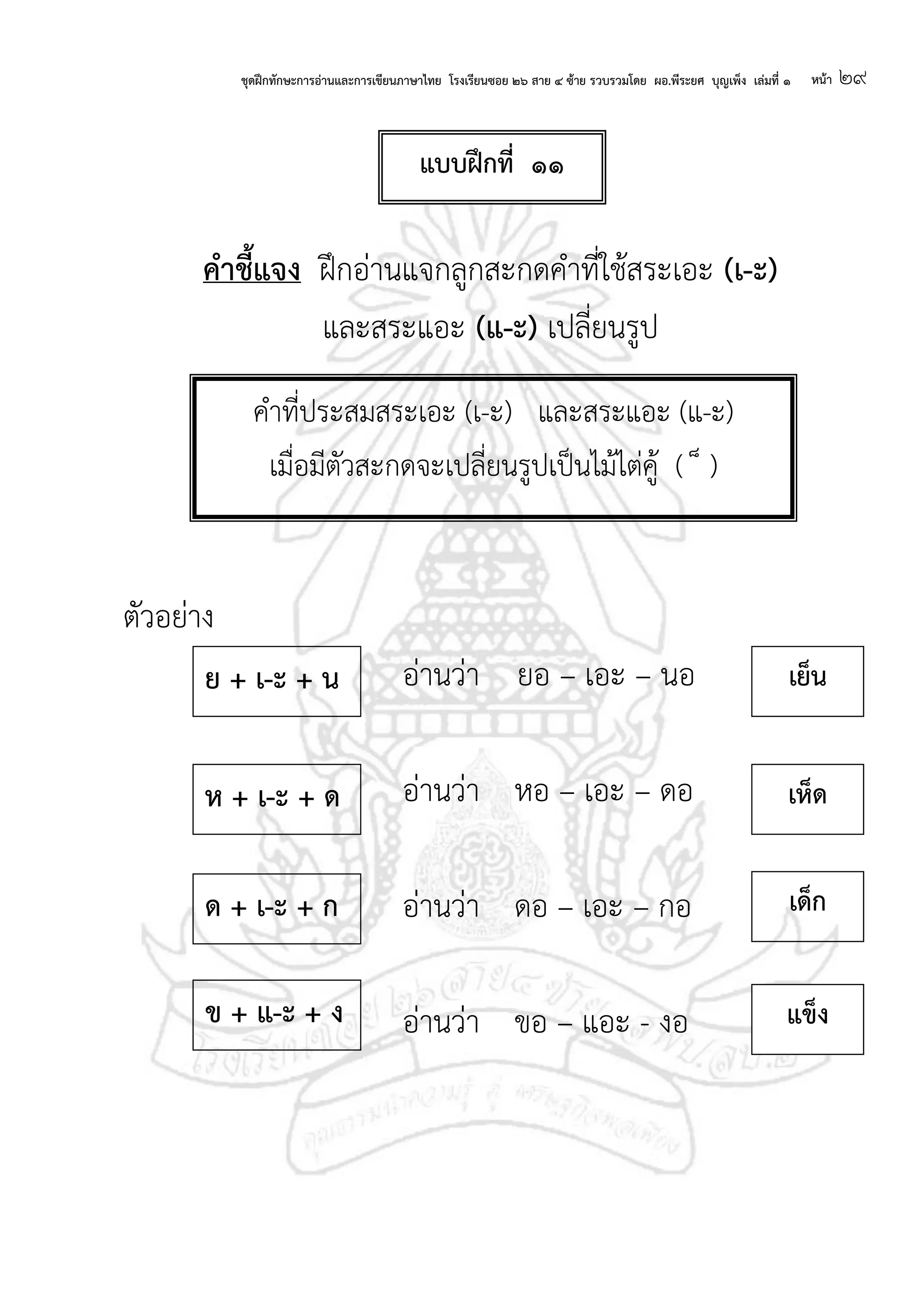 ชุดฝึกทักษะการอ่านและการเขียนภาษาไทย โรงเรียนซอย ๒๖ สาย ๔ ซ้าย รวบรวมโดย ผอ.พีระยศ บุญเพ็ง เล่มที่ ๑ หน้า ๒๙
คาชี้แจง ฝึกอ่านแจกลูกสะกดคาที่ใช้สระเอะ (เ-ะ)
และสระแอะ (แ-ะ) เปลี่ยนรูป
ตัวอย่าง
อ่านว่า ยอ – เอะ – นอ
อ่านว่า หอ – เอะ – ดอ
อ่านว่า ดอ – เอะ – กอ
อ่านว่า ขอ – แอะ - งอ
แบบฝึกที่ ๑๑
คาที่ประสมสระเอะ (เ-ะ) และสระแอะ (แ-ะ)
เมื่อมีตัวสะกดจะเปลี่ยนรูปเป็นไม้ไต่คู้ ( ็ )
ย + เ-ะ + น เย็น
เห็ด
เด็ก
แข็ง
ห + เ-ะ + ด
ด + เ-ะ + ก
ข + แ-ะ + ง
 