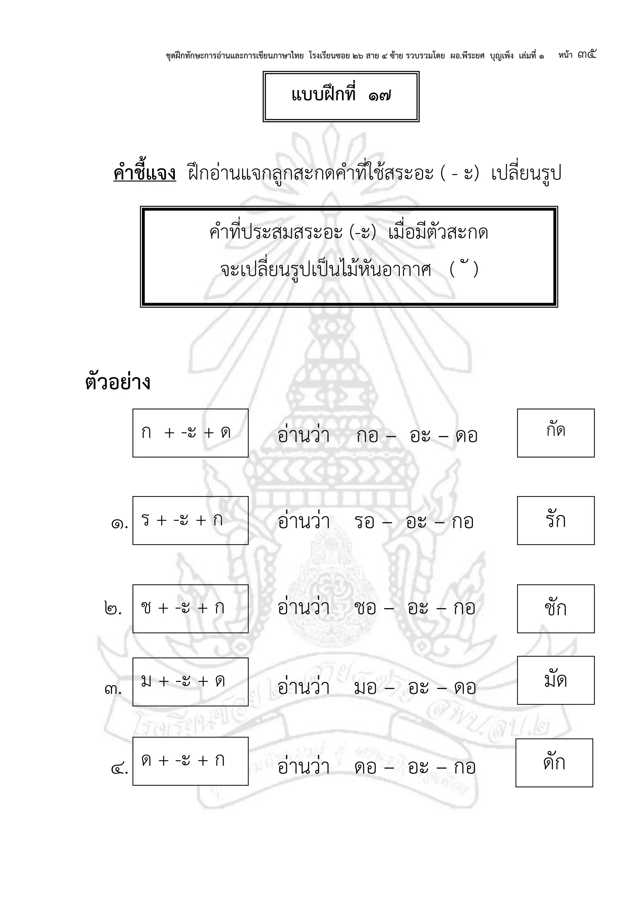 ชุดฝึกทักษะการอ่านและการเขียนภาษาไทย โรงเรียนซอย ๒๖ สาย ๔ ซ้าย รวบรวมโดย ผอ.พีระยศ บุญเพ็ง เล่มที่ ๑ หน้า ๓๕
คาชี้แจง ฝึกอ่านแจกลูกสะกดคาที่ใช้สระอะ ( - ะ) เปลี่ยนรูป
ตัวอย่าง
อ่านว่า กอ – อะ – ดอ
๑. อ่านว่า รอ – อะ – กอ
๒. อ่านว่า ชอ – อะ – กอ
๓. อ่านว่า มอ – อะ – ดอ
๔. อ่านว่า ดอ – อะ – กอ
คาที่ประสมสระอะ (-ะ) เมื่อมีตัวสะกด
จะเปลี่ยนรูปเป็นไม้หันอากาศ ( ั )
รัก
ชัก
มัด
ร + -ะ + ก
ช + -ะ + ก
ม + -ะ + ด
ก + -ะ + ด กัด
ด + -ะ + ก ดัก
แบบฝึกที่ ๑๗
 