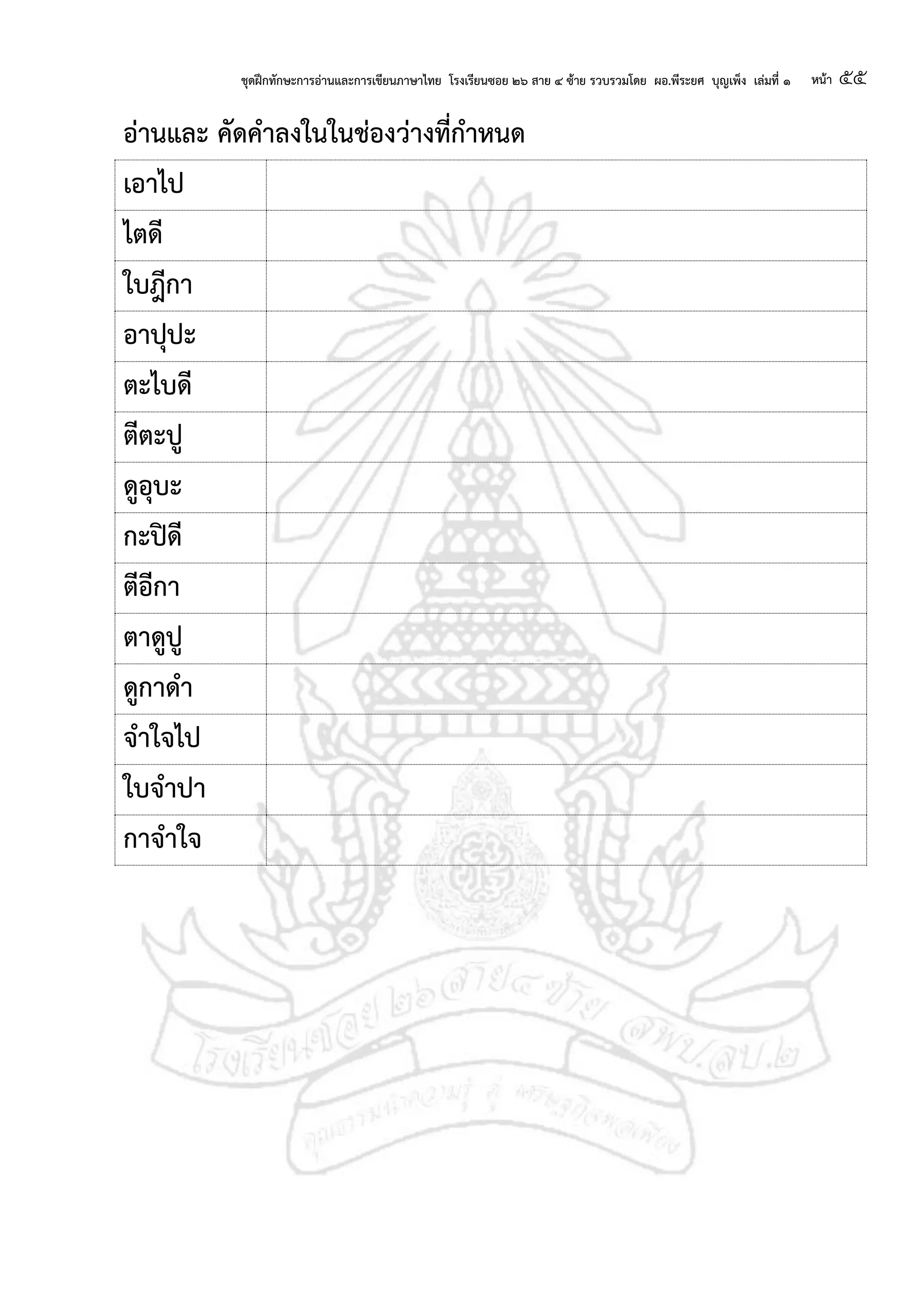 ชุดฝึกทักษะการอ่านและการเขียนภาษาไทย โรงเรียนซอย ๒๖ สาย ๔ ซ้าย รวบรวมโดย ผอ.พีระยศ บุญเพ็ง เล่มที่ ๑ หน้า ๕๕
อ่านและ คัดคาลงในในช่องว่างที่กาหนด
เอาไป
ไตดี
ใบฎีกา
อาปุปะ
ตะไบดี
ตีตะป
ดอุบะ
กะปิดี
ตีอีกา
ตาดป
ดกาดา
จาใจไป
ใบจาปา
กาจาใจ
 