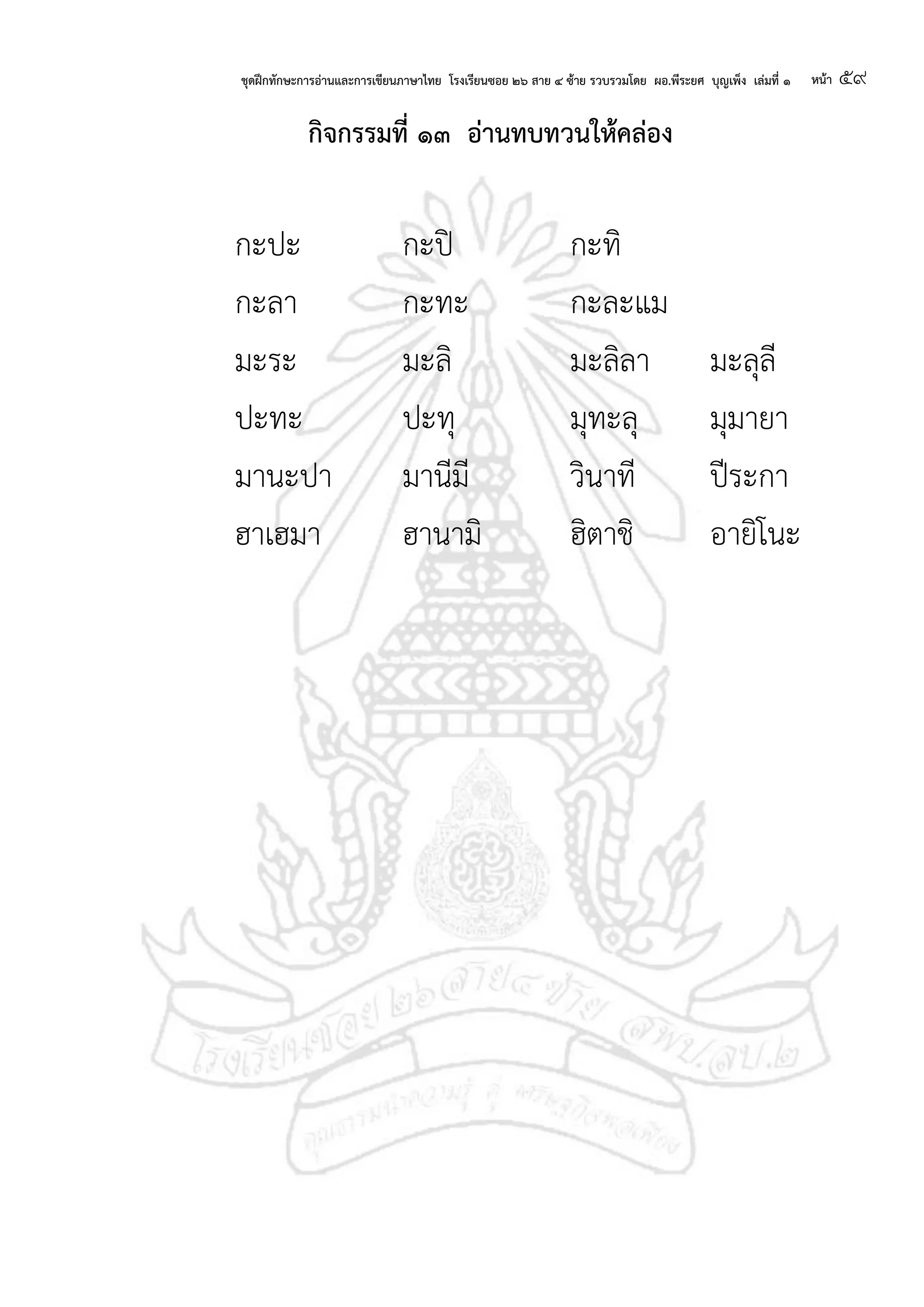 ชุดฝึกทักษะการอ่านและการเขียนภาษาไทย โรงเรียนซอย ๒๖ สาย ๔ ซ้าย รวบรวมโดย ผอ.พีระยศ บุญเพ็ง เล่มที่ ๑ หน้า ๕๙
กจกรรมที่ ๑๓ อ่านทบทวนให้คล่อง
กะปะ กะปิ กะทิ
กะลา กะทะ กะละแม
มะระ มะลิ มะลิลา มะลุลี
ปะทะ ปะทุ มุทะลุ มุมายา
มานะปา มานีมี วินาที ปีระกา
ฮาเฮมา ฮานามิ ฮิตาชิ อายิโนะ
 