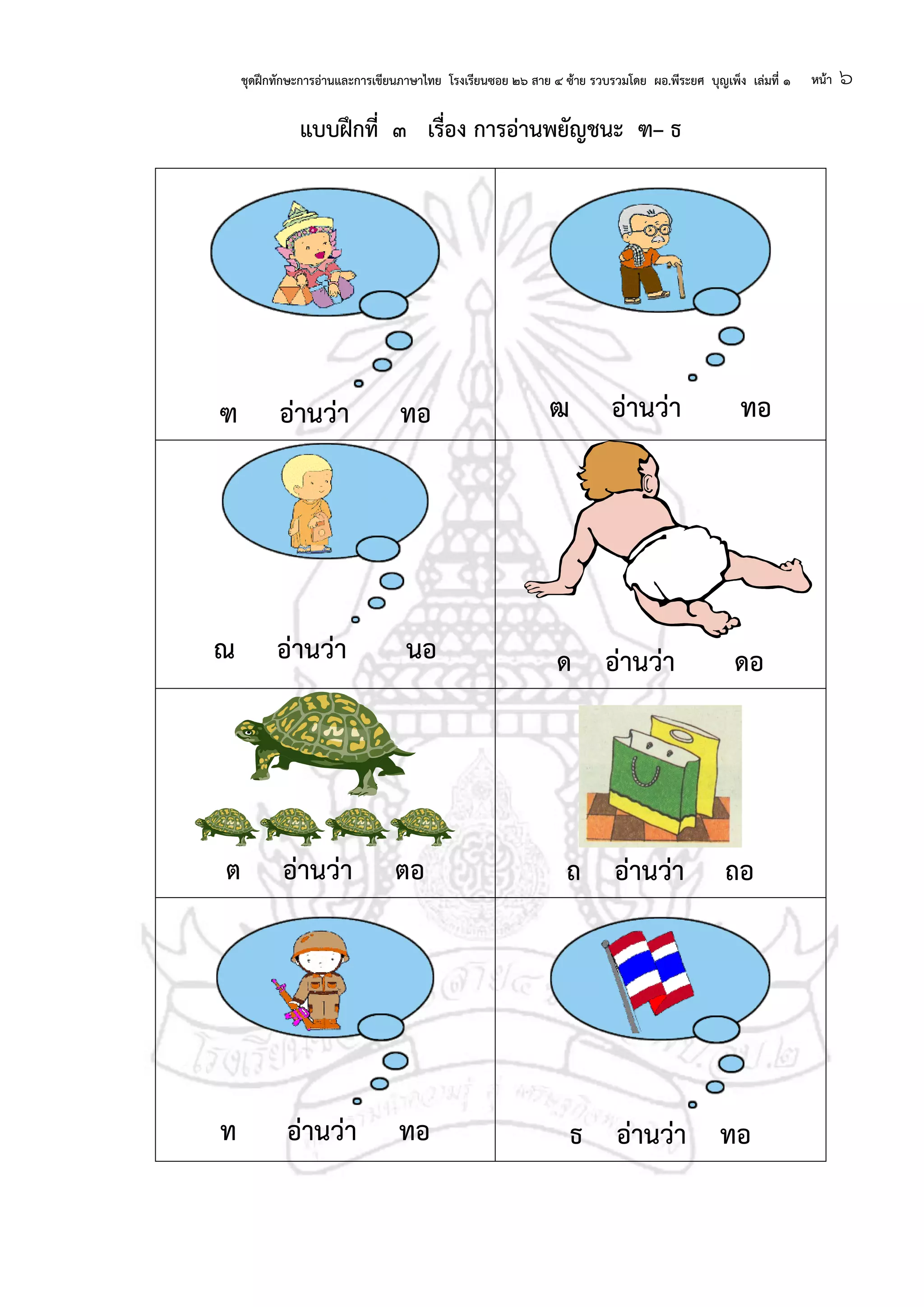 ชุดฝึกทักษะการอ่านและการเขียนภาษาไทย โรงเรียนซอย ๒๖ สาย ๔ ซ้าย รวบรวมโดย ผอ.พีระยศ บุญเพ็ง เล่มที่ ๑ หน้า ๖
แบบฝึกที่ ๓ เรื่อง การอ่านพยัญชนะ ฑ– ธ
ฑ อ่านว่า ทอ ฒ อ่านว่า ทอ
ณ อ่านว่า นอ ด อ่านว่า ดอ
ต อ่านว่า ตอ ถ อ่านว่า ถอ
ท อ่านว่า ทอ ธ อ่านว่า ทอ
 