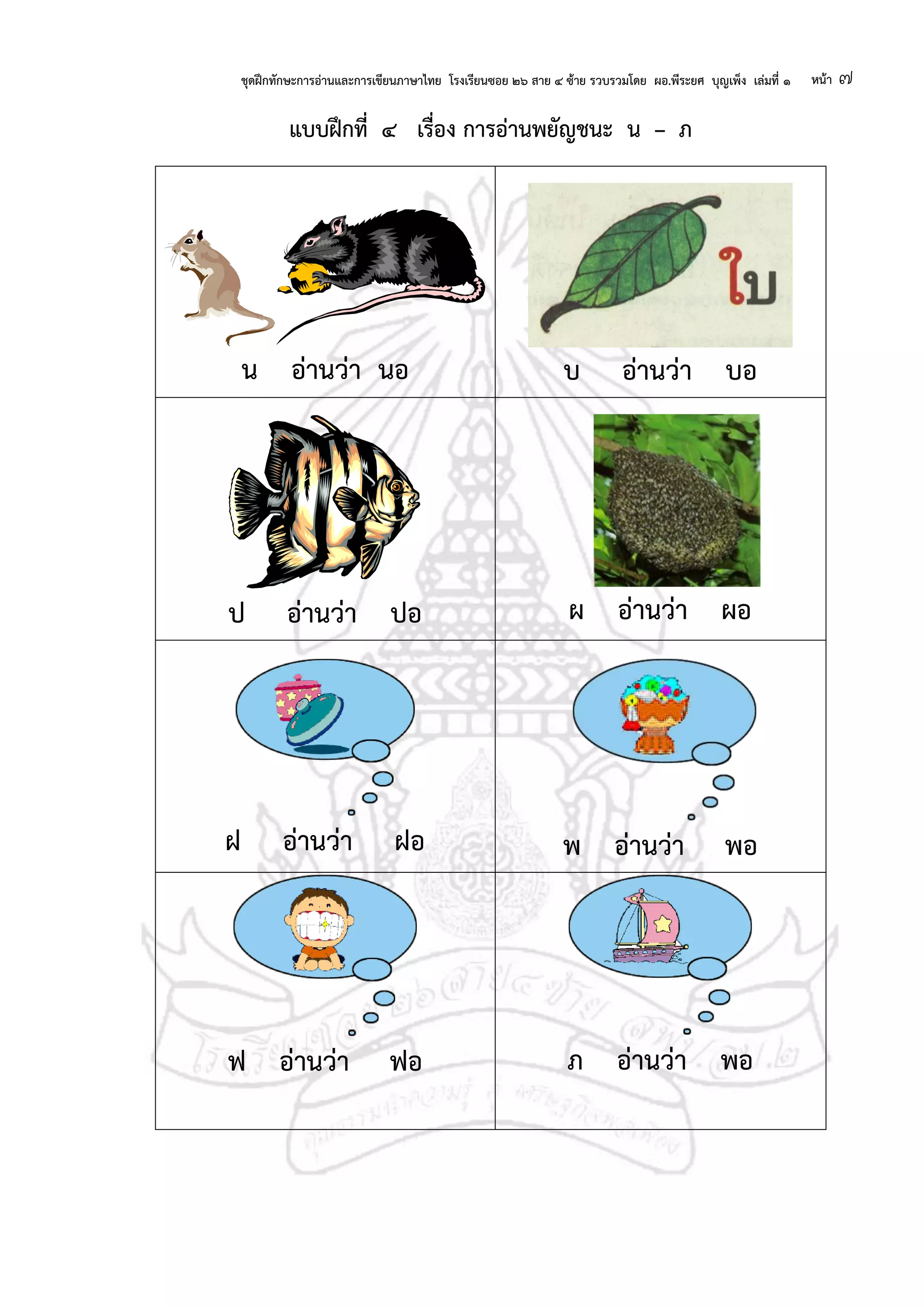 ชุดฝึกทักษะการอ่านและการเขียนภาษาไทย โรงเรียนซอย ๒๖ สาย ๔ ซ้าย รวบรวมโดย ผอ.พีระยศ บุญเพ็ง เล่มที่ ๑ หน้า ๗
แบบฝึกที่ ๔ เรื่อง การอ่านพยัญชนะ น – ภ
น อ่านว่า นอ บ อ่านว่า บอ
ป อ่านว่า ปอ ผ อ่านว่า ผอ
ฝ อ่านว่า ฝอ พ อ่านว่า พอ
ฟ อ่านว่า ฟอ ภ อ่านว่า พอ
 