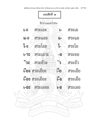 ชุดฝึกทักษะการอ่านและการเขียนภาษาไทย โรงเรียนซอย ๒๖ สาย ๔ ซ้าย รวบรวมโดย ผอ.พีระยศ บุญเพ็ง เล่มที่ ๑ หน้า ๒๐
ฝึกอ่านและจาสระ
เ-ะ สระเอะ เ- สระเอ
แ-ะ สระแอะ แ- สระแอ
โ-ะ สระโอะ โ- สระโอ
เ-าะ สระเอาะ -อ สระออ
รัวะ สระอัวะ รัว สระอัว
เ-ียะ สระเอียะ เ-ีย สระเอีย
เ-ือะ สระเอือะ เ-ือ สระเอือ
เ-อะ สระเออะ เ-อ สระเออ
แบบฝึกที่ ๒
 