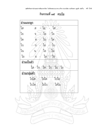 ชุดฝึกทักษะการอ่านและการเขียนภาษาไทย โรงเรียนซอย ๒๖ สาย ๔ ซ้าย รวบรวมโดย ผอ.พีระยศ บุญเพ็ง เล่มที่ ๑ หน้า ๖๑
กจกรรมที่ ๑๕ สระใอ
อ่านแจกลก
ใส ส - ใอ - ใส
ใจ จ - ใอ - ใจ
ใด ด - ใอ - ใด
ใบ บ - ใอ - ใบ
ใน น - ใอ - ใน
ใย ย - ใอ - ใย
อ่านเป็นคา
ใส ใจ ใด ใบ ใน ใย
อ่านกลุ่มคา
ใจใส ใจใด ใบใย
ใบใด ใยใบ ใสใน
 