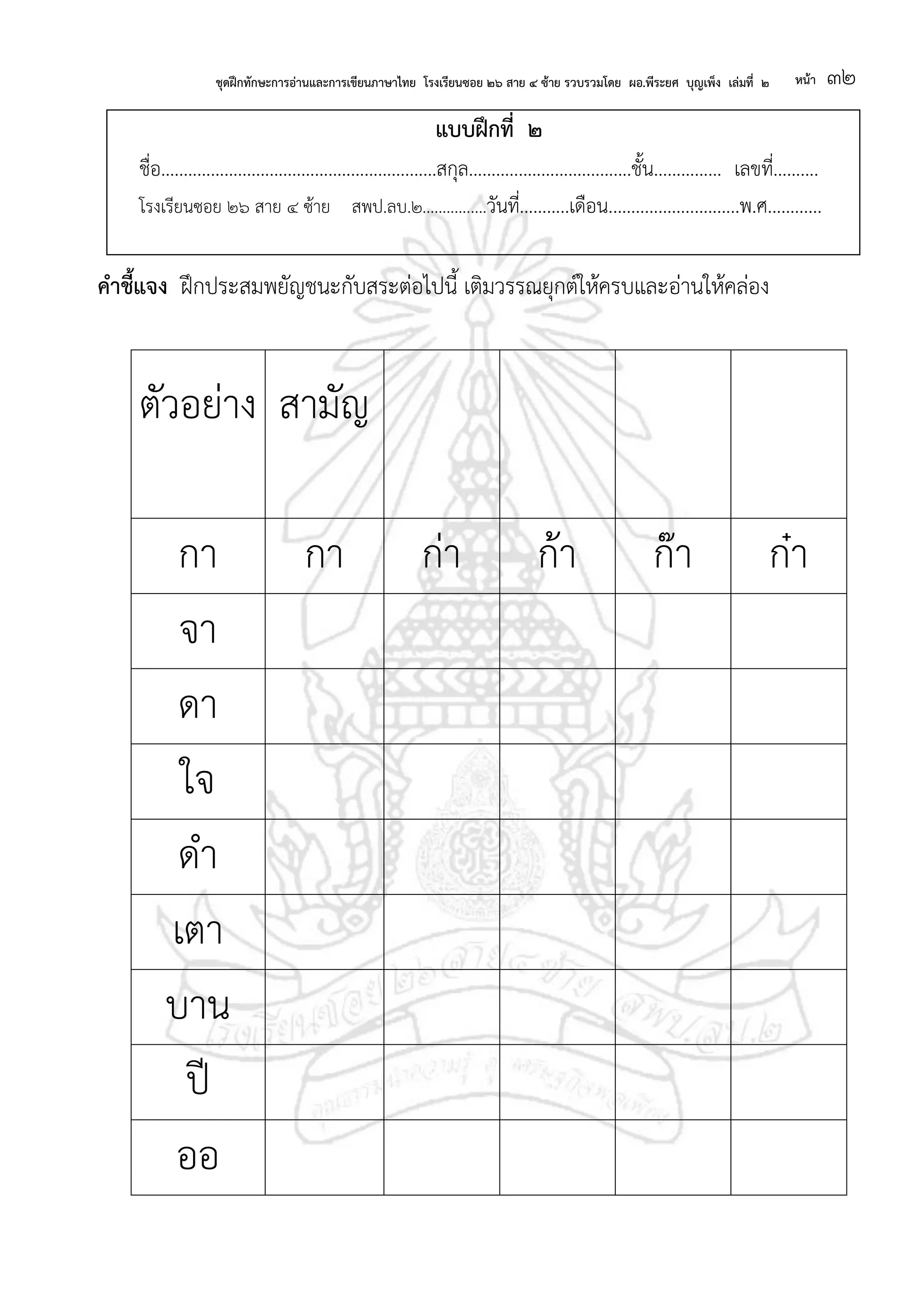 ชุดฝึกทักษะการอ่านและการเขียนภาษาไทย โรงเรียนซอย ๒๖ สาย ๔ ซ้าย รวบรวมโดย ผอ.พีระยศ บุญเพ็ง เล่มที่ ๒ หน้า ๓๒
แบบฝึกที่ ๒
ชื่อ.............................................................สกุล....................................ชั้น............... เลขที่..........
โรงเรียนซอย ๒๖ สาย ๔ ซ้าย สพป.ลบ.๒................วันที่...........เดือน.............................พ.ศ............
คาชี้แจง ฝึกประสมพยัญชนะกับสระต่อไปนี้ เติมวรรณยุกต์ให้ครบและอ่านให้คล่อง
ตัวอย่าง สามัญ
กา กา ก่า ก้า ก๊า ก๋า
จา
ดา
ใจ
ดา
เตา
บาน
ปี
ออ
 