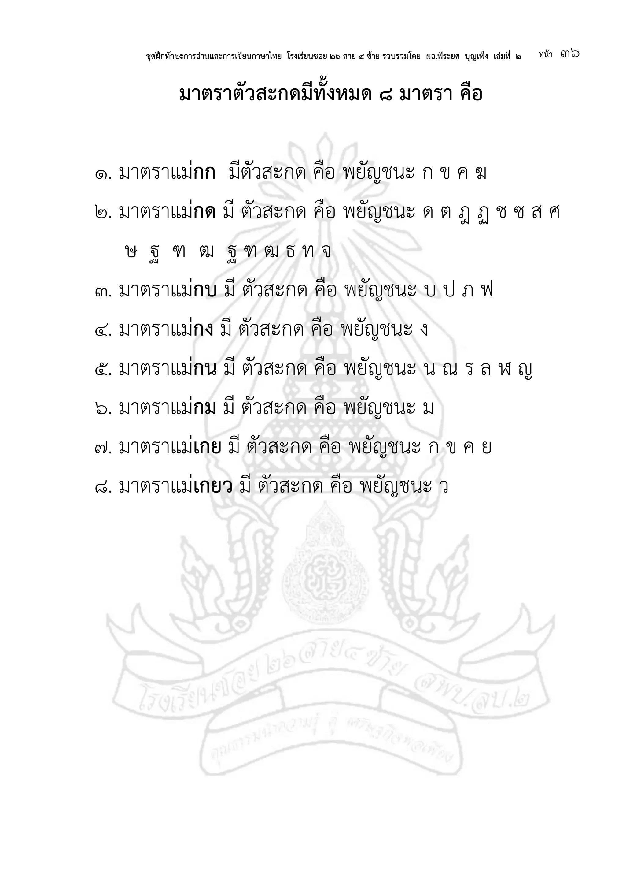 ชุดฝึกทักษะการอ่านและการเขียนภาษาไทย โรงเรียนซอย ๒๖ สาย ๔ ซ้าย รวบรวมโดย ผอ.พีระยศ บุญเพ็ง เล่มที่ ๒ หน้า ๓๖
มาตราตัวสะกดมีทั้งหมด ๘ มาตรา คือ
๑. มาตราแม่กก มีตัวสะกด คือ พยัญชนะ ก ข ค ฆ
๒. มาตราแม่กด มี ตัวสะกด คือ พยัญชนะ ด ต ฎ ฏ ช ซ ส ศ
ษ ฐ ฑ ฒ ฐ ฑ ฒ ธ ท จ
๓. มาตราแม่กบ มี ตัวสะกด คือ พยัญชนะ บ ป ภ ฟ
๔. มาตราแม่กง มี ตัวสะกด คือ พยัญชนะ ง
๕. มาตราแม่กน มี ตัวสะกด คือ พยัญชนะ น ณ ร ล ฬ ญ
๖. มาตราแม่กม มี ตัวสะกด คือ พยัญชนะ ม
๗. มาตราแม่เกย มี ตัวสะกด คือ พยัญชนะ ก ข ค ย
๘. มาตราแม่เกยว มี ตัวสะกด คือ พยัญชนะ ว
 