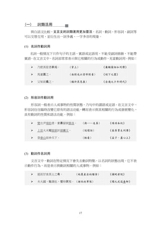 17
(一) 詞類活用
與白話文比較，文言文的詞類運用更加靈活，名詞、動詞、形容詞、副詞等
可以交替互用，並衍生出一詞多義、一字多音的現象。
(1) 名詞作動詞用
名詞一般情況下只作句子的主語、賓語或定語用，不能受副詞修飾、不能帶
賓語。在文言文中，名詞卻常常表示與它相關的行為或動作，充當動詞用。例如：
 乃使其從者衣褐。 (穿上) 《廉頗藺相如列傳》
 馬童面之。 (面對或以背部對着) 《垓下之圍》
 父知而義之。 (稱許其恩義) 《岳飛之少年時代》
(2) 形容詞作動詞用
形容詞一般表示人或事物的性質狀態，乃句中的謂語或定語。在文言文中，
形容詞往往臨時改變它原有的語法功能，轉而表示與其相關的行為或發展變化，
具有動詞的性質和語法功能。例如：
 楚左尹項伯者，素善留侯張良。 (與……友善) 《項羽本紀》
 上官大夫短屈原於頃襄王。 (說壞話) 《屈原賈生列傳》
 登泰山而小天下。 (輕看) 《孟子．盡心上》
(3) 動詞作名詞用
文言文中，動詞在特定情況下會失去動詞特點，以名詞的狀態出現。它不表
示動作行為，而是表示與動詞相關的人或事物。例如：
 退而甘食其土之有。 (地裏產出的糧食) 《捕蛇者說》
 夫大國，難測也，懼有伏焉。 (埋伏的軍隊) 《燭之武退秦師》
 