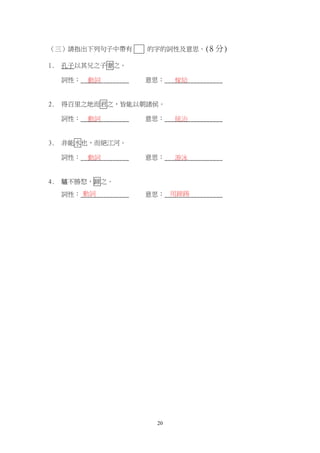 20
（三）請指出下列句子中帶有 xx 的字的詞性及意思。(8 分)
1. 孔子以其兄之子妻之。
詞性：_______________ 意思：__________________
2. 得百里之地而君之，皆能以朝諸侯。
詞性：_______________ 意思：__________________
3. 非能水也，而絕江河。
詞性：_______________ 意思：__________________
4. 驢不勝怒，蹄之。
詞性：_______________ 意思：__________________
動詞 嫁給
動詞 統治
動詞 游泳
動詞 用蹄踢
 