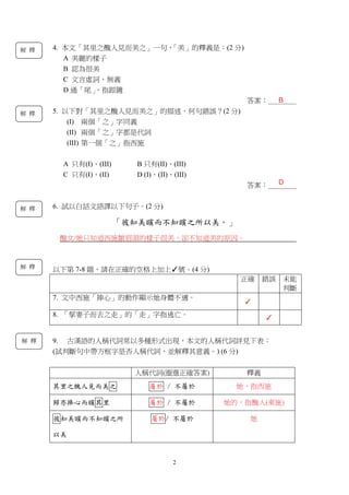 2
4. 本文「其里之醜人見而美之」一句，「美」的釋義是：(2 分)
A 美麗的樣子
B 認為很美
C 文言虛詞，無義
D 通「尾」，指跟隨
答案：＿＿＿＿
5. 以下對「其里之醜人見而美之」的描述，何句錯誤？(2 分)
(I) 兩個「之」字同義
(II) 兩個「之」字都是代詞
(III) 第一個「之」指西施
A 只有(I)、(III) B 只有(II)、(III)
C 只有(I)、(II) D (I)、(II)、(III)
答案：＿＿＿＿
6. 試以白話文語譯以下句子。(2 分)
「彼知美矉而不知矉之所以美。」
醜女/她只知道西施皺眉頭的樣子很美，卻不知道美的原因。
以下第 7-8 題，請在正確的空格上加上✓號。(4 分)
正確 錯誤 未能
判斷
7. 文中西施「捧心」的動作顯示她身體不適。
✓
8. 「挈妻子而去之走」的「走」字指逃亡。 ✓
9. 古漢語的人稱代詞常以多種形式出現，本文的人稱代詞詳見下表：
(試判斷句中帶方框字是否人稱代詞，並解釋其意義。) (6 分)
人稱代詞(圈選正確答案) 釋義
其里之醜人見而美之 屬於 / 不屬於 她，指西施
歸亦捧心而矉其里 屬於 / 不屬於 她的，指醜人(東施)
彼知美矉而不知矉之所
以美
屬於/ 不屬於 她
B
D
解 釋
解 釋
解 釋
解 釋
解 釋
 