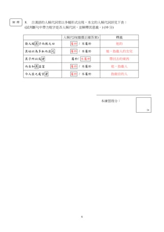 6
8. 古漢語的人稱代詞常以多種形式出現，本文的人稱代詞詳見下表：
(試判斷句中帶方框字是否人稱代詞，並解釋其意義。) (10 分)
人稱代詞(圈選正確答案) 釋義
衛人嫁其子而教之曰 屬於 / 不屬於 他的
其姑以為多私而出之 屬於 / 不屬於 她，指衛人的女兒
其子所以反者 屬於/ 不屬於 帶回去的東西
而自知其益富 屬於 / 不屬於 他，指衛人
今人臣之處官者 屬於 / 不屬於 指做官的人
本練習得分：
13
本練習得分：
24
解 釋
 