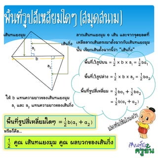 พื้นที่รูปสี่เหลี่ยมใดๆ(สมุดสนาม)
เส้นกิ่ง
เส้นทแยงมุม ลากเส้นทแยงมุม ๑ เส้น และจากจุดยอดที่
เหลือลากเส้นตรงมาตั้งฉากกับเส้นทแยงมุม
นั้น เรียกเส้นตั้งฉากนี้ว่า “เส้นกิ่ง”a1
a2
b
พื้นที่รูปบน = x b x a1 =2
1
1ba2
1
พื้นที่รูปล่าง = x b x a2 =2
1
2ba2
1
พื้นที่รูปสี่เหลี่ยม =
=
21 ba2
1ba2
1 
)aa(b2
1
21 
ให้ b แทนความยาวของเส้นทแยงมุม
a1 และ a2 แทนความยาวของเส้นกิ่ง
พื้นที่รูปสี่เหลี่ยมใดๆ = )aa(b2
1
21 
หรือก็คือ...
คูณ เส้นทแยงมุม คูณ ผลบวกของเส้นกิ่ง2
1
 