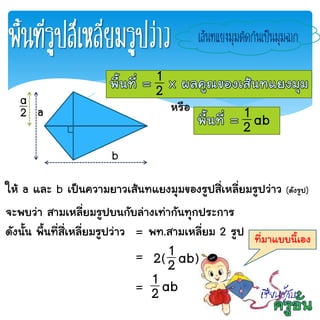 พื้นที่รูปสี่เหลี่ยมรูปว่าว
2
1
ab2
1หรือa
b
2
a
เส้นทแยงมุมตัดกันเป็นมุมฉาก
ให้ a และ b เป็นความยาวเส้นทแยงมุมของรูปสี่เหลี่ยมรูปว่าว (ดังรูป)
จะพบว่า สามเหลี่ยมรูปบนกับล่างเท่ากันทุกประการ
ดังนั้น พื้นที่สี่เหลี่ยมรูปว่าว = พท.สามเหลี่ยม 2 รูป
=
= ab2
1
)ab2
1(2
ที่มาแบบนี้เอง
 