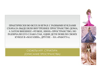СЮЖЕТЫ ИГР, СТРУКТУРА
(ОПИСАНИЕ ПРОСТРАНСТВА)
ПРАКТИЧЕСКИ ВО ВСЕХ В ИГРАХ С РАЗНЫМИ КУКЛАМИ
СНАЧАЛА ВЫДЕЛЯЛИ ВНУТРЕННЕЕ ПРОСТРАНСТВО ДОМА;
А ЗАТЕМ ВНЕШНЕЕ «ЧУЖОЕ, ИНОЕ» ПРОСТРАНСТВО, НО
РАЗЛИЧАЛИ ЕГО СЛАБО (ТАК, ОДНИ ДЕТИ ПОВЕЛИ СВОИХ
КУКОЛ В «МАГАЗИН», ДРУГИЕ – НА «РАБОТУ»).
 