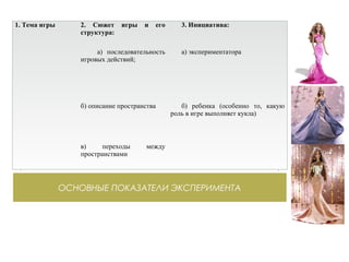 ОСНОВНЫЕ ПОКАЗАТЕЛИ ЭКСПЕРИМЕНТА
1. Тема игры 2. Сюжет игры и его
структура:
3. Инициатива:
а) последовательность
игровых действий;
а) экспериментатора
б) описание пространства б) ребенка (особенно то, какую
роль в игре выполняет кукла)
в) переходы между
пространствами
 