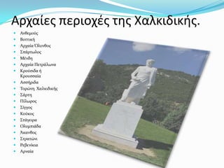 Αρχαίες περιοχζς της Χαλκιδικής.
 Ανθεμούσ
 Βοττική
 Αρχαία Όλυνθοσ
 ΢πάρτωλοσ
 Μένδη
 Αρχαία Πετράλωνα
 Κρούςιδα ή
Κρουςςαία
 Αςςήριδα
 Σορώνη Χαλκιδικήσ
 ΢άρτη
 Πίλωροσ
 ΢ίγγοσ
 Κούκοσ
 ΢τάγειρα
 Ολυμπιάδα
 Άκανθοσ
 ΢τρατώνι
 Ρεβενίκια
 Αρναία
 