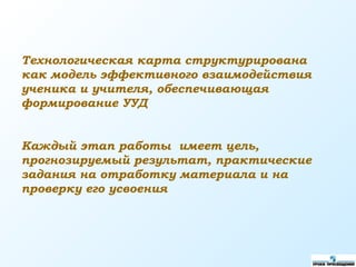 Технологическая карта структурирована
как модель эффективного взаимодействия
ученика и учителя, обеспечивающая
формирование УУД
Каждый этап работы имеет цель,
прогнозируемый результат, практические
задания на отработку материала и на
проверку его усвоения
 
