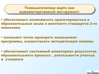 • обеспечивает возможность ориентироваться в
образовательных целях в контексте стандартов 2-го
поколения
• позволяет четко проверять выполнение
программы, осуществлять методическую помощь
• обеспечивает системный мониторинг результатов
образовательного процесса , деятельности учителя
и учащихся
Технологическая карта как
административный инструмент:
 