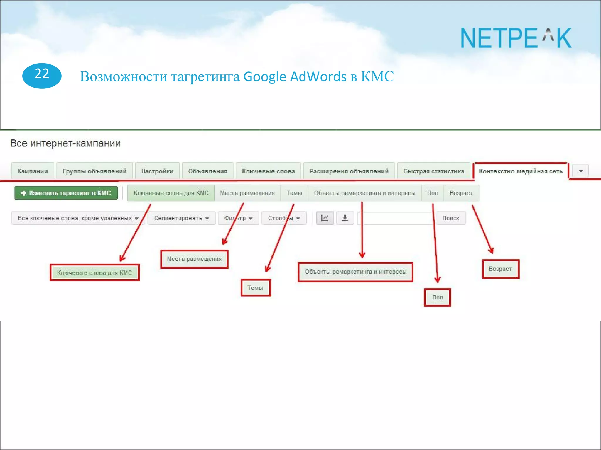 22 Возможности тагретинга Google AdWords в КМС
 