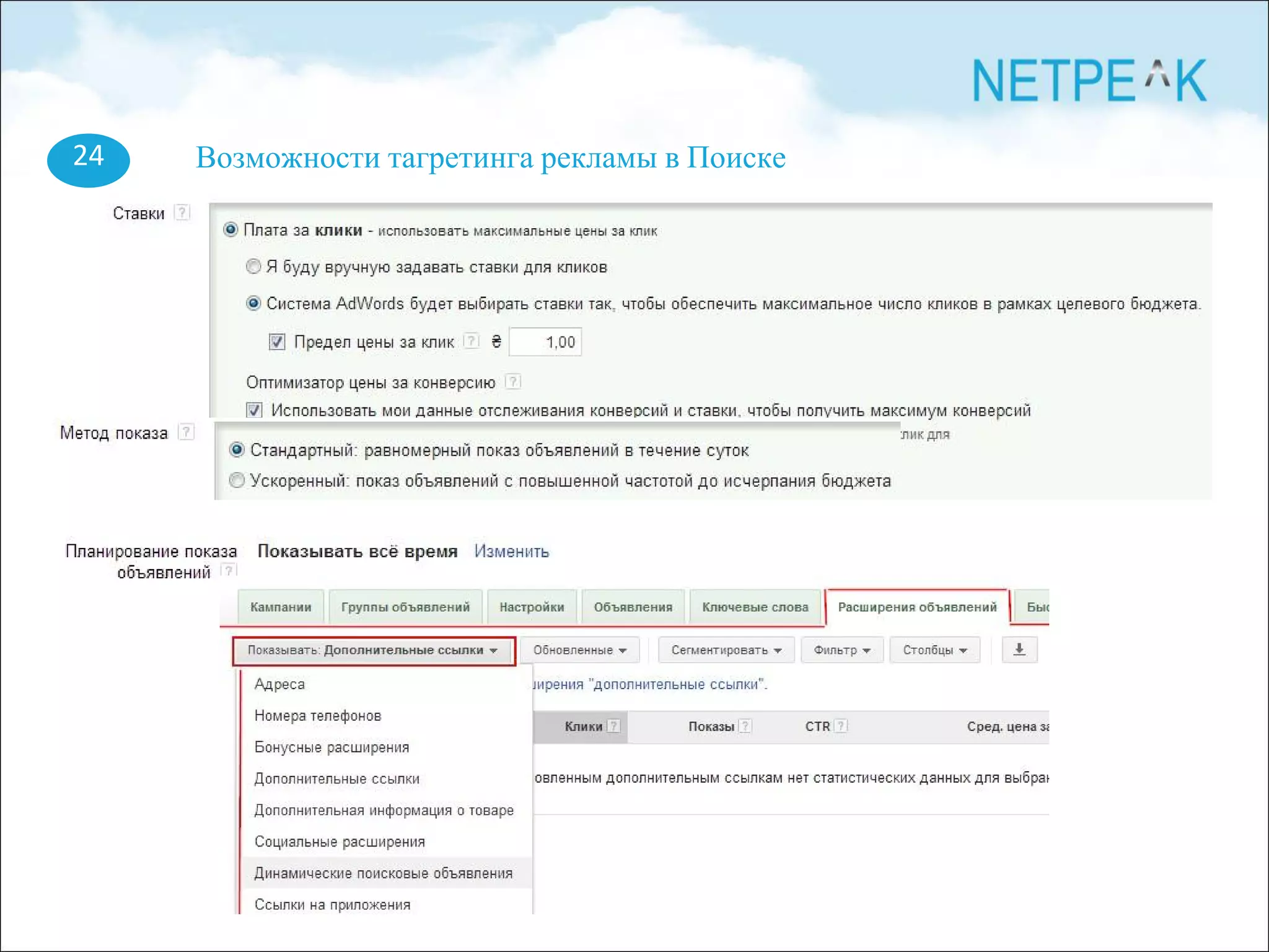 Возможности тагретинга рекламы в Поиске24
 