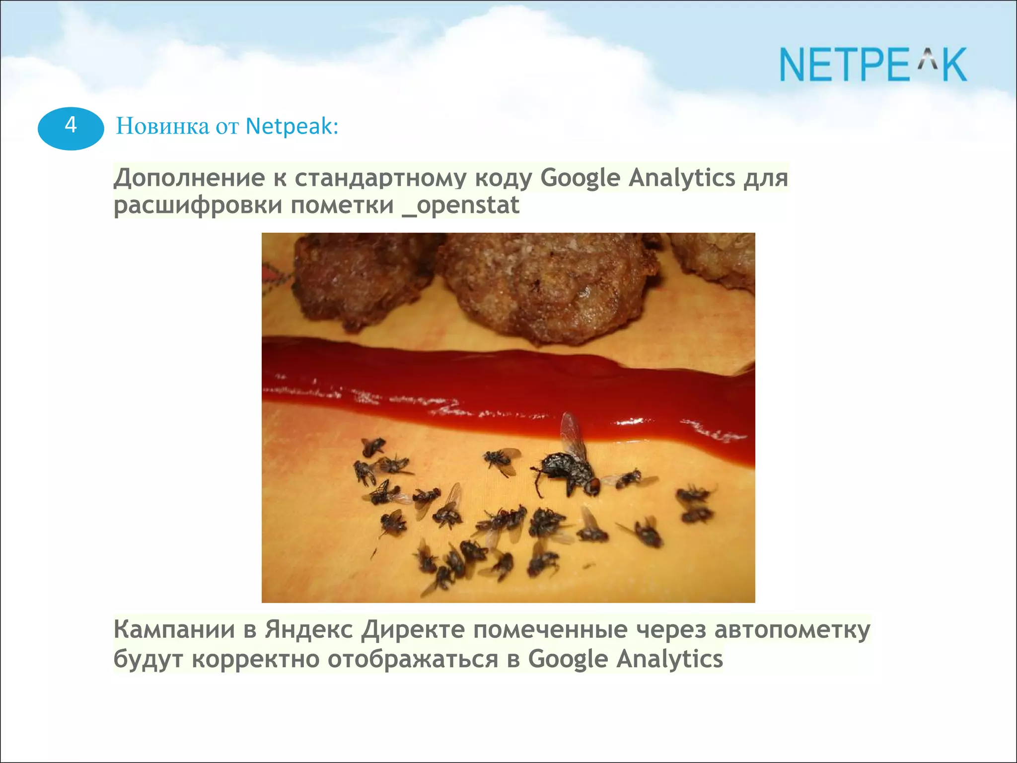 4 Новинка от Netpeak:
Дополнение к стандартному коду Google Analytics для
расшифровки пометки _openstat
Кампании в Яндекс Директе помеченные через автопометку
будут корректно отображаться в Google Analytics
 
