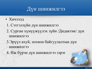Дүн шинжилгээ
• Хичээлд
1. Сэтгэлзүйн дүн шинжилгээ
2. Сурган хүмүүжүүлэх зүйн /Дидактик/ дүн
шинжилгээ
3.Эрүүл ахуй, зохион байгуулалтын дүн
шинжилгээ
4. Иж бүрэн дүн шинжилгээ зэрэг
 