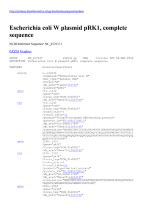 http://emboss.bioinformatics.nl/cgi-bin/emboss/equicktandem
Escherichia coli W plasmid pRK1, complete
sequence
NCBI Reference Sequence: NC_017637.1
FASTA Graphics
LOCUS NC_017637 102536 bp DNA circular BCT 04-MAY-2012
DEFINITION Escherichia coli W plasmid pRK1, complete sequence.
FEATURES Location/Qualifiers
source 1..102536
/organism="Escherichia coli W"
/mol_type="genomic DNA"
/strain="W"
/db_xref="taxon:566546"
/plasmid="pRK1"
gene 715..1242
/gene="ssb"
/locus_tag="ECW_P1m0001"
/db_xref="GeneID:12693744"
CDS 715..1242
/gene="ssb"
/locus_tag="ECW_P1m0001"
/codon_start=1
/transl_table=11
/product="single-stranded DNA-binding protein"
/protein_id="YP_006127288.1"
/db_xref="GI:386611789"
/db_xref="GeneID:12693744"
/translation="MSARGINKVILVGRLGNDPEVRYIPNGGAVANLQVATSESWRDK
QTGEMREQTEWHRVVLFGKLAEVAGEYLRKGAQVYIEGQLRTRSWEDNGITRYVTEIL
VKTTGTVQMLGRAPQQNAQAQPKPQQNGQPQSADATKKGGAKTKGRGRKAAQPEPQPQ
QQPEPPYGFDDDAPF"
gene 1299..1532
/gene="ykfF"
/locus_tag="ECW_P1m0002"
/db_xref="GeneID:12693745"
CDS 1299..1532
/gene="ykfF"
/locus_tag="ECW_P1m0002"
/codon_start=1
/transl_table=11
/product="hypothetical protein"
/protein_id="YP_006127289.1"
/db_xref="GI:386611790"
/db_xref="GeneID:12693745"
/translation="MNKSDEMIHELPDGAFTRECAETVVTQYRNVFIEDDQGTHFRLV
VRQDGTLIWRSWNFEDCAGYWMNRYIRDFGIRK"
gene 1594..3552
/gene="ycjA"
/locus_tag="ECW_P1m0003"
/db_xref="GeneID:12693746"
 