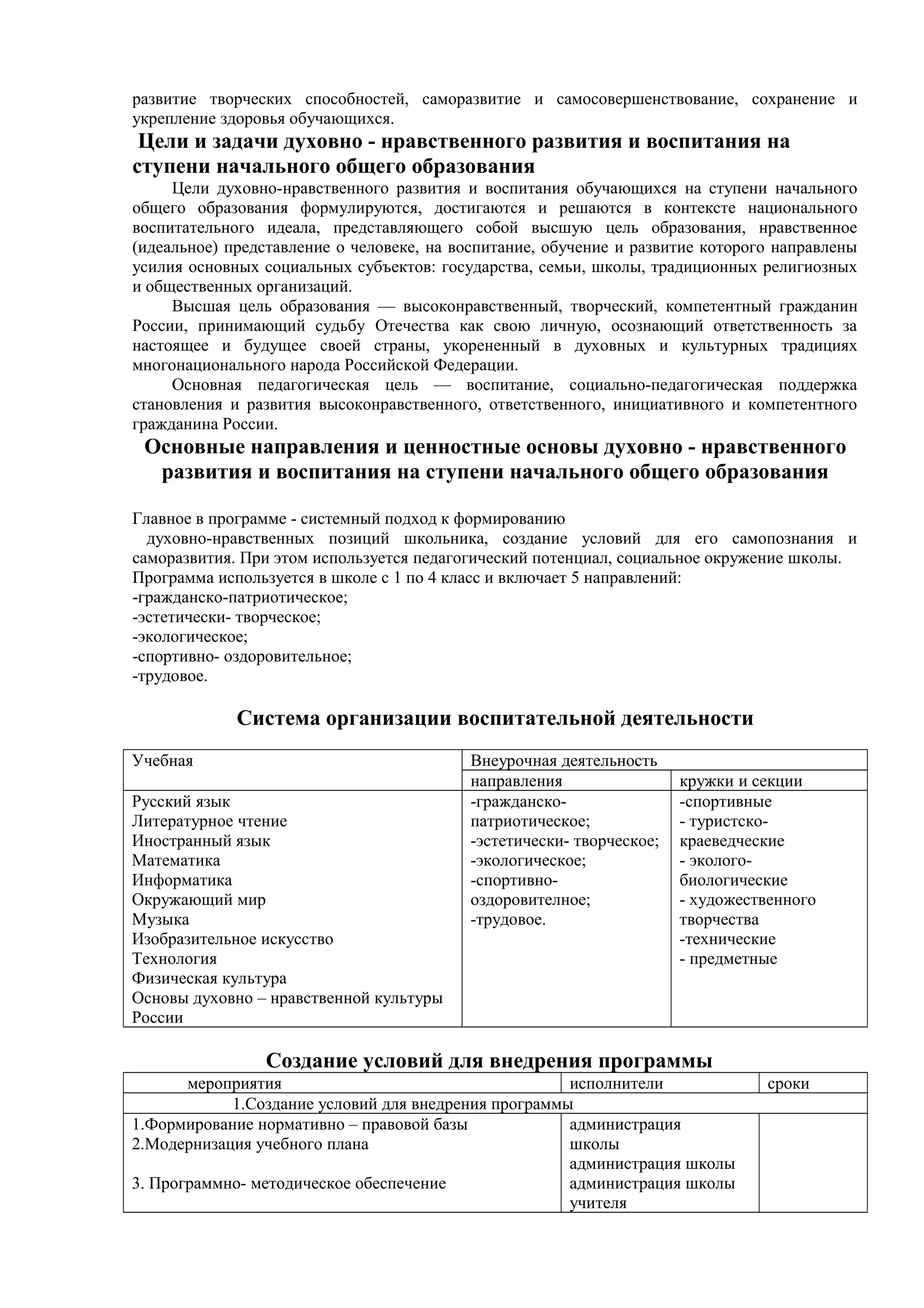 развитие творческих способностей, саморазвитие и самосовершенствование, сохранение и
укрепление здоровья обучающихся.
Цели и задачи духовно - нравственного развития и воспитания на
ступени начального общего образования
Цели духовно-нравственного развития и воспитания обучающихся на ступени начального
общего образования формулируются, достигаются и решаются в контексте национального
воспитательного идеала, представляющего собой высшую цель образования, нравственное
(идеальное) представление о человеке, на воспитание, обучение и развитие которого направлены
усилия основных социальных субъектов: государства, семьи, школы, традиционных религиозных
и общественных организаций.
Высшая цель образования — высоконравственный, творческий, компетентный гражданин
России, принимающий судьбу Отечества как свою личную, осознающий ответственность за
настоящее и будущее своей страны, укорененный в духовных и культурных традициях
многонационального народа Российской Федерации.
Основная педагогическая цель — воспитание, социально-педагогическая поддержка
становления и развития высоконравственного, ответственного, инициативного и компетентного
гражданина России.
Основные направления и ценностные основы духовно - нравственного
развития и воспитания на ступени начального общего образования
Главное в программе - системный подход к формированию
духовно-нравственных позиций школьника, создание условий для его самопознания и
саморазвития. При этом используется педагогический потенциал, социальное окружение школы.
Программа используется в школе с 1 по 4 класс и включает 5 направлений:
-гражданско-патриотическое;
-эстетически- творческое;
-экологическое;
-спортивно- оздоровительное;
-трудовое.
Система организации воспитательной деятельности
Учебная Внеурочная деятельность
направления кружки и секции
Русский язык
Литературное чтение
Иностранный язык
Математика
Информатика
Окружающий мир
Музыка
Изобразительное искусство
Технология
Физическая культура
Основы духовно – нравственной культуры
России
-гражданско-
патриотическое;
-эстетически- творческое;
-экологическое;
-спортивно-
оздоровителное;
-трудовое.
-спортивные
- туристско-
краеведческие
- эколого-
биологические
- художественного
творчества
-технические
- предметные
Создание условий для внедрения программы
мероприятия исполнители сроки
1.Создание условий для внедрения программы
1.Формирование нормативно – правовой базы
2.Модернизация учебного плана
3. Программно- методическое обеспечение
администрация
школы
администрация школы
администрация школы
учителя
 