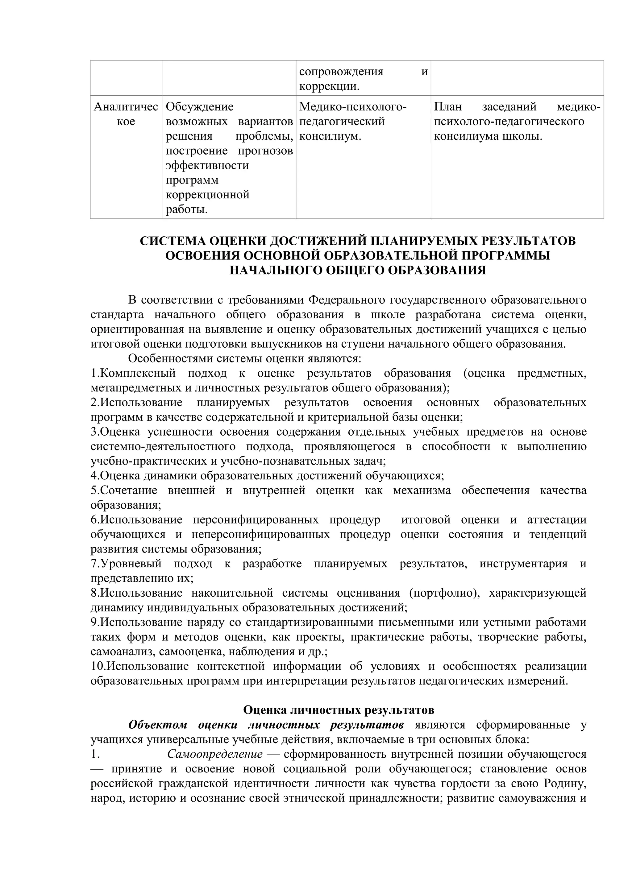 сопровождения и
коррекции.
Аналитичес
кое
Обсуждение
возможных вариантов
решения проблемы,
построение прогнозов
эффективности
программ
коррекционной
работы.
Медико-психолого-
педагогический
консилиум.
План заседаний медико-
психолого-педагогического
консилиума школы.
СИСТЕМА ОЦЕНКИ ДОСТИЖЕНИЙ ПЛАНИРУЕМЫХ РЕЗУЛЬТАТОВ
ОСВОЕНИЯ ОСНОВНОЙ ОБРАЗОВАТЕЛЬНОЙ ПРОГРАММЫ
НАЧАЛЬНОГО ОБЩЕГО ОБРАЗОВАНИЯ
В соответствии с требованиями Федерального государственного образовательного
стандарта начального общего образования в школе разработана система оценки,
ориентированная на выявление и оценку образовательных достижений учащихся с целью
итоговой оценки подготовки выпускников на ступени начального общего образования.
Особенностями системы оценки являются:
1.Комплексный подход к оценке результатов образования (оценка предметных,
метапредметных и личностных результатов общего образования);
2.Использование планируемых результатов освоения основных образовательных
программ в качестве содержательной и критериальной базы оценки;
3.Оценка успешности освоения содержания отдельных учебных предметов на основе
системно-деятельностного подхода, проявляющегося в способности к выполнению
учебно-практических и учебно-познавательных задач;
4.Оценка динамики образовательных достижений обучающихся;
5.Сочетание внешней и внутренней оценки как механизма обеспечения качества
образования;
6.Использование персонифицированных процедур итоговой оценки и аттестации
обучающихся и неперсонифицированных процедур оценки состояния и тенденций
развития системы образования;
7.Уровневый подход к разработке планируемых результатов, инструментария и
представлению их;
8.Использование накопительной системы оценивания (портфолио), характеризующей
динамику индивидуальных образовательных достижений;
9.Использование наряду со стандартизированными письменными или устными работами
таких форм и методов оценки, как проекты, практические работы, творческие работы,
самоанализ, самооценка, наблюдения и др.;
10.Использование контекстной информации об условиях и особенностях реализации
образовательных программ при интерпретации результатов педагогических измерений.
Оценка личностных результатов
Объектом оценки личностных результатов являются сформированные у
учащихся универсальные учебные действия, включаемые в три основных блока:
1. Самоопределение — сформированность внутренней позиции обучающегося
— принятие и освоение новой социальной роли обучающегося; становление основ
российской гражданской идентичности личности как чувства гордости за свою Родину,
народ, историю и осознание своей этнической принадлежности; развитие самоуважения и
 