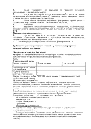 1. табель успеваемости по предметам (с указанием требований,
предъявляемых к выставлению отметок);
2. тексты итоговых диагностических контрольных работ, диктантов и анализ
их выполнения обучающимся (информация об элементах и уровнях проверяемого знания
– знания, понимания, применения, систематизации);
3. устная оценка успешности результатов, формулировка причин неудач и
рекомендаций по устранению пробелов в обученности по предметам;
4. портфолио;
5. результаты психолого-педагогических исследований, иллюстрирующих
динамику развития отдельных интеллектуальных и личностных качеств обучающегося,
УУД.
Критериями оценивания являются:
1. соответствие достигнутых предметных, метапредметных и личностных
результатов обучающихся требованиям к результатам освоения образовательной
программы начального общего образования ФГОС;
2. динамика результатов предметной обученности, формирования УУД.
Требования к условиям реализации основной образовательной программы
начального общего образования
Материально-техническая база школы:
Материально – техническая база школы соответствует условиям реализации основной
образовательной программы начального общего образования.
Кадры
Учителя начальной школы
Высшая категория Первая категория Всего учителей
6 1 7
Почетные работник общего
образования РФ
3
Лауреаты районного
конкурса «Учитель года»
3
Каждые 5 лет учителя на базе АКИПКРО и пелагических вузов края повышают свой
профессиональный уровень.
Материально-техническая база
23 классных кабинета, из них: 3 кабинета информатики (1–начальные классы),
лингафонный кабинет, мастерская, спортивный и актовый залы, кабинет домоводства,
столовая, медицинский кабинет, библиотека, спортивная площадка, учебно-опытный
участок.
Все кабинеты оснащены необходимыми материалами и соответствуют основным
педагогическим и санитарно – гигиеническим нормам. Имеется Интернет.
Общий фонд библиотеки – 12159 книг, из них 6306 – учебники
Материально-технические ресурсы школы:
Компьютеры – 54
Интерактивная доска – 5
Проекторы – 12
Финансовые ресурсы школы
Финансирование школы осуществляется из двух источников: средств бюджета и
внебюджетных источников.
Основную долю средств бюджета составляет заработная плата с единым социальным
налогом. Дополнительным источником финансирования школы является привлечение
внебюджетных средств (добровольные пожертвования родителей и спонсорская
помощь).
 