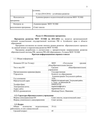 3
условиях.
4 этап (2014-2016) – устойчивое развитие
Исполнители
программы
Администрация и педагогический коллектив МОУ ТСОШ
Контроль за
исполнением программы
-Администрация МОУ ТСОШ
-Совет школы
Раздел I. Обоснование программы.
Программа развития МОУ ТСОШ на 2011-2016 г.г. является организационной
основой осуществления государственной политики РФ и Алтайского края в области
образования.
Программа составлена на основе анализа уровня развития образовательного процесса
на данный момент и перспективы развития МОУ ТСОШ.
Программа разработана в соответствии с приоритетными направлениями развития
образовательной системы РФ, законом РФ «Об образовании», Уставом МОУ ТСОШ
Краткая информационная справка о школе
1.1. Общая информация
Название ОУ (по Уставу) МОУ «Тогульская средняя
общеобразовательная школа»
Тип и вид ОУ Среднее общеобразовательное
учреждение
Организационно-правовая форма Государственная
Учредитель Комитет по образованию
Администрации Тогульского района
Год основания 1938
Юридический адрес 659450 Алтайский край, Тогульский район,
с. Тогул, ул.Школьная 29
Телефон/факс 83859722159
Электронная почта togulschool@mail.ru
Адрес сайта togulschool.my1.ru
Ф.И.О. руководителя Шнайдер Ольга Ивановна
1.2. Структура образовательного учреждения
Формы самоуправления ОУ Совет школы, педагогический совет
Формы ученического самоуправления Совет актива
1.3. Кадры
Общее количество педагогических
работников, из них совместителей
35 (1)
Средний возраст 45
 