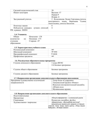 4
Средний педагогический стаж 20
Имеют категории Высшая -17
Первая-9
Вторая -4
Заслуженный учитель 2 Колесникова Лидия Сергеевна,учитель
иностранного языка, Воропаева Галина
Анатольевна, учитель биологии
Почетные звания
Победители конкурса лучших учителей
РФ в рамках ПНПО
8
4
1.4. Учащиеся
Общее
количество по
ступеням
образования
Начальная –138
Основная –173
Старшая - 87
1.5. Характеристика учебного плана
Региональный компонент нет
Школьный компонент 33 часа
Предпрофильный компонент 6 часов
Профильные предметы нет
1.6. Реализуемые образовательные программы
Ступень начального образования 1 класс-ФГОС
2-4 базовые программы
Ступень общего образования Базовые программы
Ступень среднего образования Базовые программы
1.7. Направления организации дополнительного образования школьников
Программы художественно-эстетической
направленности
Театр моды «Сударушка»
Танцевальный кружок «Онико»
Вокально-инструментальный ансамбль
«Штрих-код»
Музыкальные кружки
1.8. Направления организации дополнительного образования
Подготовительные -
Предметные «Юный информатик» - в начальной школе
Спортивные Полиатлон, волейбол, футбол
Художественно- творческие «Домисолька», «Волшебная кисточка",
музыкальные кружки для средних и старших
классов, театр моды, пресс-центр, « Игры наших
бабушек», «В мире сказок»
 