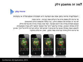 Confidential, AG Applications, 2013
‫דלק‬ ‫מחשבון‬ ‫זה‬ ‫?מה‬
‫בזבזני‬ ‫או‬ ‫ואופטימלית‬ ‫חסכונית‬ ‫היא‬ ‫הנסיעה‬ ‫אם‬ ‫אמת‬ ‫בזמן‬ ‫מראה‬ ‫האפליקציה‬‫ת‬ :
‫נכונה‬ ‫נהיגה‬ ,‫הנהיגה‬ ‫ואופי‬ ‫היעילות‬ ‫על‬ ‫מידע‬ ‫מספק‬ ‫דלק‬ ‫צריכת‬ ‫מד‬
‫כ‬ ‫עד‬ ) ‫הדלק‬ ‫הוצאות‬ ‫את‬ ‫תפחית‬ ‫זה‬ ‫מד‬ ‫לפי‬15%(‫החודשיות‬ ‫הדלק‬ ‫מהוצאות‬
‫הסביבה‬ ‫זיהום‬ ‫את‬ ‫במידה‬ ‫תפחית‬ ‫וכבונוס‬.‫הדלק‬ ‫שריפת‬ ‫את‬ ‫ברורה‬ ‫בצורה‬ ‫מציג‬ ‫המד‬
.‫משמעותית‬ ‫בצורה‬ ‫דלק‬ ‫תחסוך‬ ‫האפשר‬ ‫ככל‬ "‫"ירוק‬ ‫סמן‬ ‫על‬ ‫שמירה‬ ,‫הנסיעה‬ ‫במהלך‬ ‫לק"מ‬
‫כן‬ ‫כמו‬ ,"‫מ"ירוק‬ ‫לרדת‬ ‫הצריכה‬ ‫יעילות‬ ‫למד‬ ‫תגרום‬ ‫מהיר‬ ‫כביש‬ ‫על‬ ‫נסיעה‬ ‫במהלך‬ ‫האצה‬ ‫לדוגמא‬
.‫בחוזקה‬ ‫בולם‬ ‫או‬ ‫מאיץ‬ ,‫בפקק‬ ‫עומד‬ ‫הנהג‬ ‫עם‬ ‫מזהה‬ ‫הדלק‬ ‫צריכת‬ ‫מד‬
play movie
 