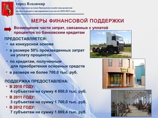 город Владимир
Долгосрочная целевая Программа содействия развитию
малого и среднего предпринимательства на 2010-2015 годы
Возмещение части затрат, связанных с уплатой
процентов по банковским кредитам
• на конкурсной основе
• в размере 50% произведенных затрат
на уплату процентов
ПРЕДОСТАВЛЯЕТСЯ:
• по кредитам, полученным
для приобретения основных средств
• в размере не более 700,0 тыс. руб.
ПОДДЕРЖКА ПРЕДОСТАВЛЕНА:
• В 2010 ГОДУ:
4 субъектам на сумму 4 000,0 тыс. руб.
• В 2011 ГОДУ:
3 субъектам на сумму 1 700,0 тыс. руб.
• В 2012 ГОДУ:
7 субъектам на сумму 1 869,4 тыс. руб.
МЕРЫ ФИНАНСОВОЙ ПОДДЕРЖКИ
 