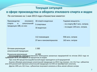 Текущая ситуация
в сфере производства и оборота этилового спирта и водок
Использование производственного потенциала указанных предприятий по итогам 2012 года не
превышает 20 % по спирту и 18 процентов по водке.
При этом 90 процентов выработанной водки приходится на 8 предприятий.
Анализ объемов реализации алкогольной продукции за 2012 год показал, что 13,2 тыс. субъектов
или 31% розничной торговли алкогольной продукции по СНА не приобретают алкоголь.
Другие 34% или 14,5 тыс. субъектов получают алкоголь в день менее одного литра.
Производство этилового
спирта и алкогольной
продукции 188, из них:
18 спирто-водочных Годовая мощность:
-- по спирту 88,7 млн. литров;
-- по водке 139 млн. литров.
5 спиртовых
16 водочных
112 пивзаводов 936 млн. литров
37 вин и виноматериалов 163 млн. литров
Оптовая реализация
алкогольной продукции
1 500
Розничная реализация
алкогольной продукции
42 000
2
По состоянию на 1 мая 2013 года в Казахстане имеется:
 