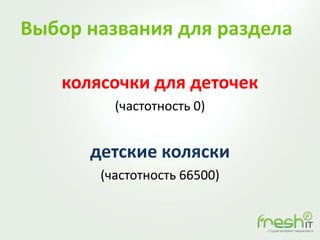 Выбор названия для раздела
колясочки для деточек
(частотность 0)
детские коляски
(частотность 66500)
 