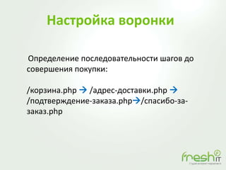 Настройка воронки
Определение последовательности шагов до
совершения покупки:
/корзина.php  /адрес-доставки.php 
/подтверждение-заказа.php/спасибо-за-
заказ.php
 