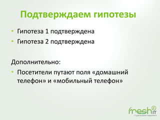 Подтверждаем гипотезы
• Гипотеза 1 подтверждена
• Гипотеза 2 подтверждена
Дополнительно:
• Посетители путают поля «домашний
телефон» и «мобильный телефон»
 