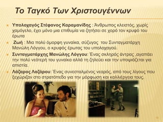 Το Ταγκό Των Χριστουγέννων
 Τποιοταγός ΢ηέθαλος Καρακαλίδες : Άλζξσπνο θιεηζηόο, ρσξίο
ρακόγειν, έρεη κόλν κηα επηζπκία λα δεηήζεη ζε ρνξό ηνλ θξπθό ηνπ
έξσηα
 Ζφή : Μηα πνιύ όκνξθε γπλαίθα, ζύδπγνο ηνπ ΢πληαγκαηάξρε
Μαλώιε Λόγγνπ, ν θξπθόο έξσηαο ηνπ ππνινραγνύ.
 ΢σληαγκαηάρτες Μαλώιες Λόγγοσ: Έλαο ζθιεξόο άληξαο ,αγαπάεη
ηελ πνιύ λεόηεξή ηνπ γπλαίθα αιιά ηε δειεύεη θαη ηελ ππνςηάδεηαη γηα
απηζηία.
 Λάδαρος Λαδάροσ: Έλαο ζπλεζηαικέλνο λεαξόο, από ηνπο ιίγνπο πνπ
μερώξηδαλ ζην ζηξαηόπεδν γηα ηελ κόξθσζε θαη θαιιηέξγεηα ηνπο.
16
 