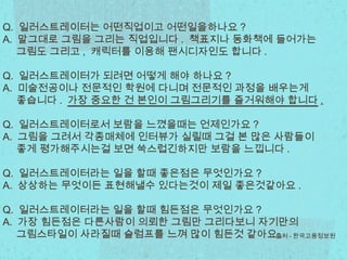 Q. 일러스트레이터는 어떤직업이고 어떤일을하나요 ?
A. 말그대로 그림을 그리는 직업입니다 . 책표지나 동화책에 들어가는
그림도 그리고 , 캐릭터를 이용해 팬시디자인도 합니다 .
Q. 일러스트레이터가 되려면 어떻게 해야 하나요 ?
A. 미술전공이나 전문적인 학원에 다니며 전문적인 과정을 배우는게
좋습니다 . 가장 중요한 건 본인이 그림그리기를 즐거워해야 합니다 .
Q. 일러스트레이터로서 보람을 느꼈을때는 언제인가요 ?
A. 그림을 그려서 각종매체에 인터뷰가 실릴때 그걸 본 많은 사람들이
좋게 평가해주시는걸 보면 쑥스럽긴하지만 보람을 느낍니다 .
Q. 일러스트레이터라는 일을 할때 좋은점은 무엇인가요 ?
A. 상상하는 무엇이든 표현해낼수 있다는것이 제일 좋은것같아요 .
Q. 일러스트레이터라는 일을 할때 힘든점은 무엇인가요 ?
A. 가장 힘든점은 다른사람이 의뢰한 그림만 그리다보니 자기만의
그림스타일이 사라질때 슬럼프를 느껴 많이 힘든것 같아요 .출처 - 한국고용정보원
 