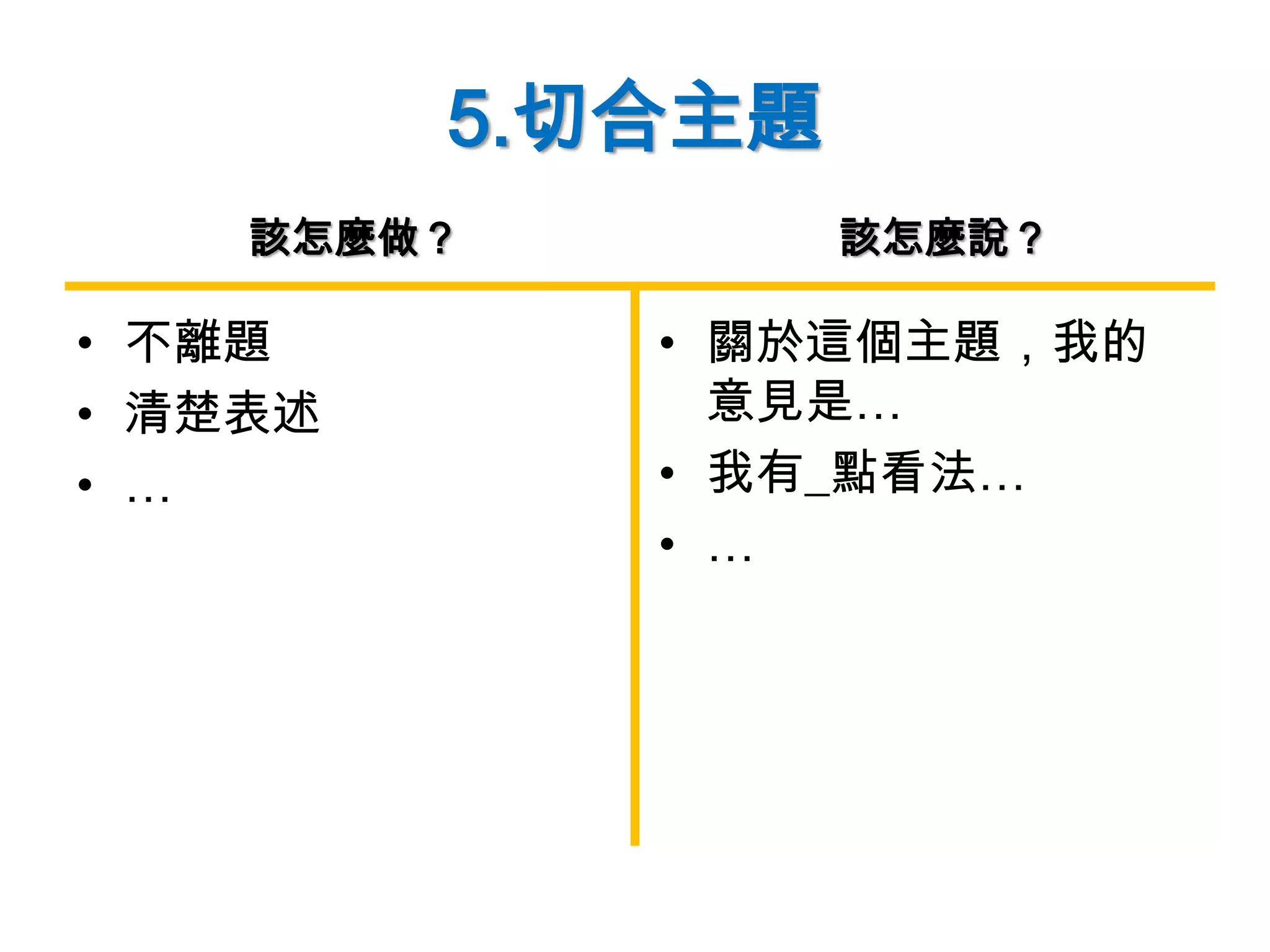 5.切合主題
• 不離題
• 清楚表述
• …
• 關於這個主題，我的
意見是…
• 我有_點看法…
• …
該怎麼做？ 該怎麼說？
 