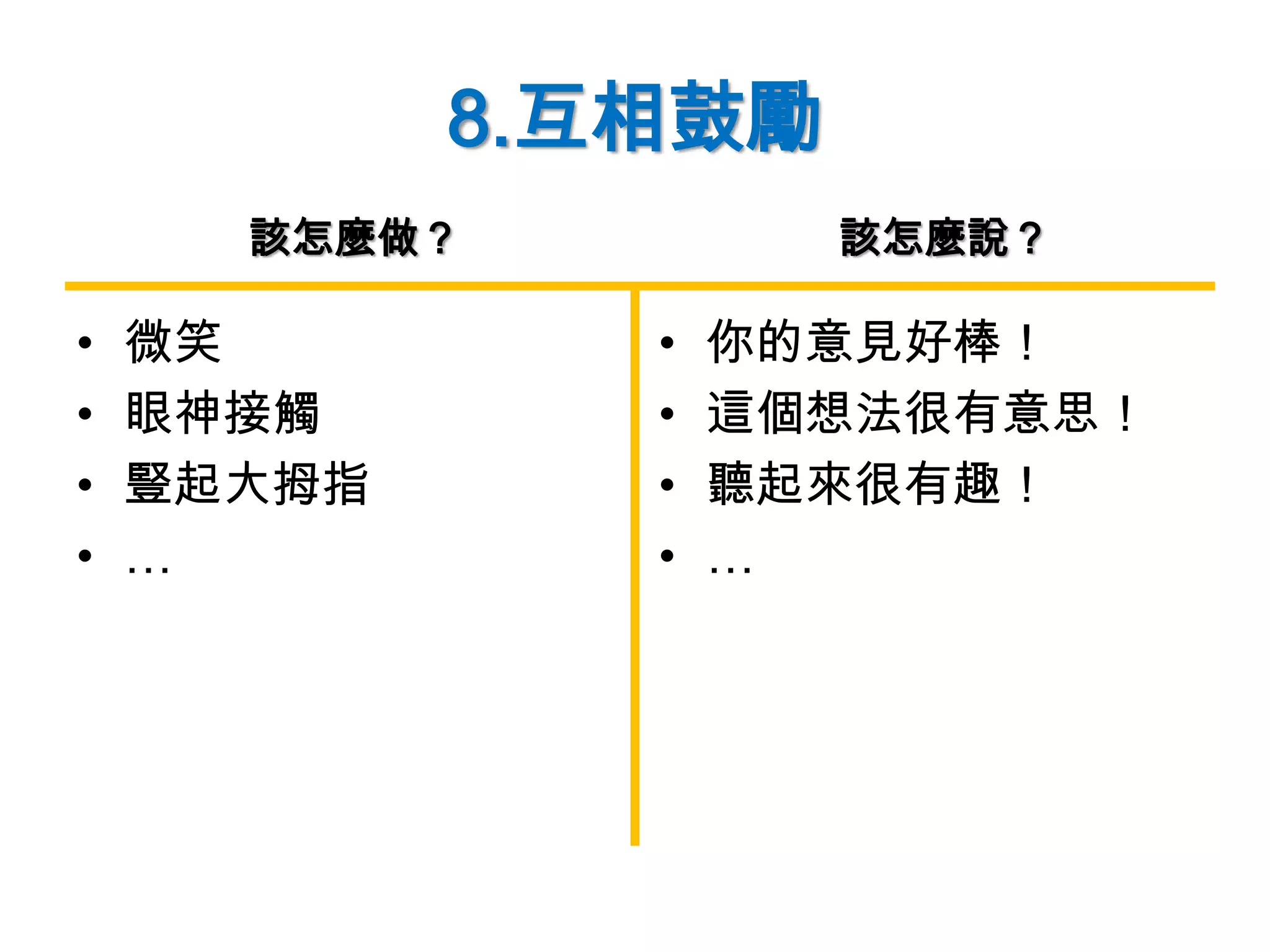 8.互相鼓勵
• 微笑
• 眼神接觸
• 豎起大拇指
• …
• 你的意見好棒！
• 這個想法很有意思！
• 聽起來很有趣！
• …
該怎麼做？ 該怎麼說？
 
