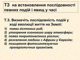 ТЗ на встановлення послідовності
певних подій і явищ у часі
Т.З. Визначіть послідовність подій у
ході еволюції життя на Землі:
1) поява кісткових риб;
2) утворення озонового шару атмосфери;
3) поява покритонасінних рослин;
4) розселення людини з Африки у Євразію;
5) поширення фотосинтезуючих
прокаріотичних організмів.
 