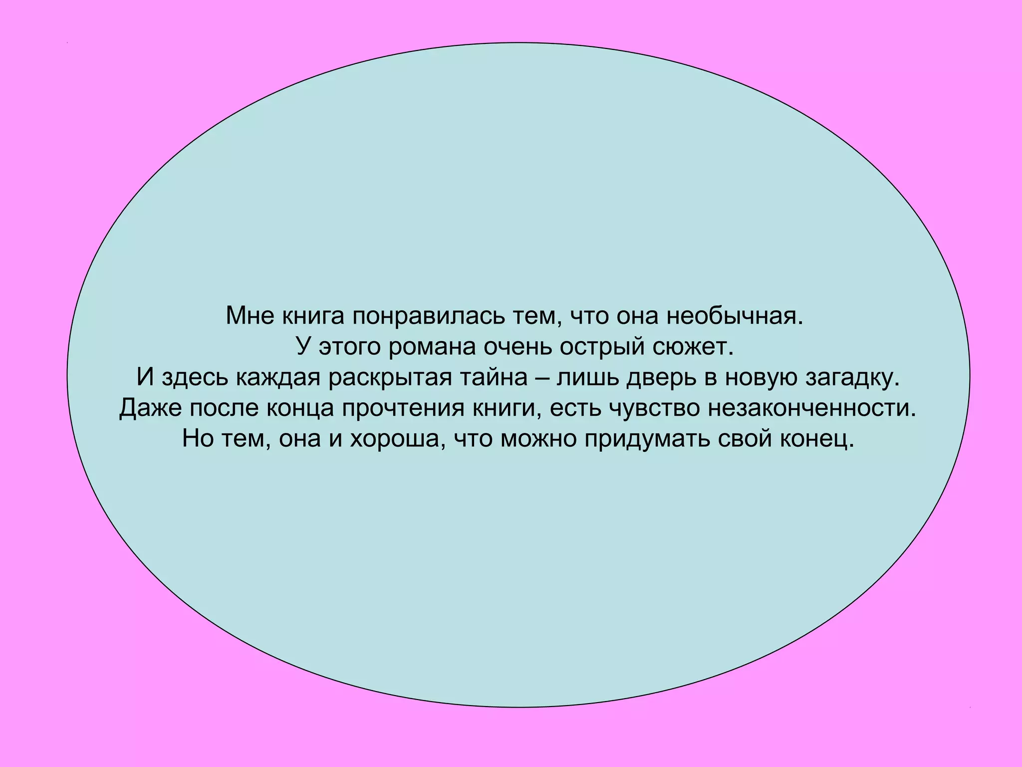 Мне книга понравилась тем, что она необычная.
У этого романа очень острый сюжет.
И здесь каждая раскрытая тайна – лишь дверь в новую загадку.
Даже после конца прочтения книги, есть чувство незаконченности.
Но тем, она и хороша, что можно придумать свой конец.
 
