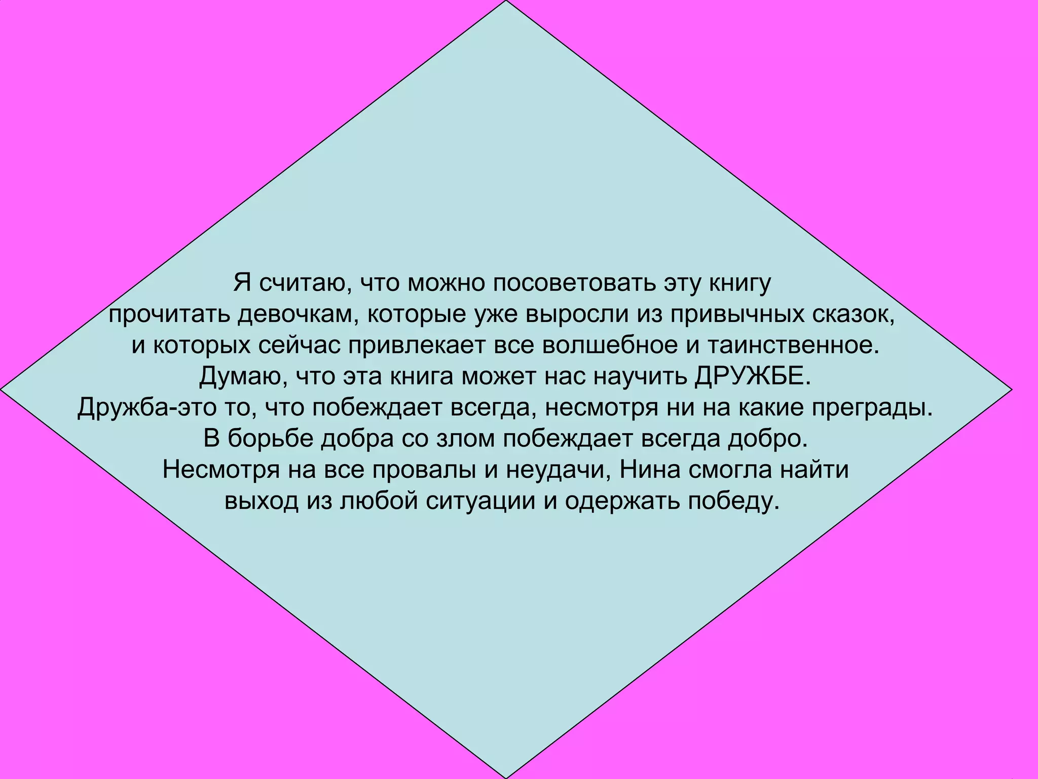 Я считаю, что можно посоветовать эту книгу
прочитать девочкам, которые уже выросли из привычных сказок,
и которых сейчас привлекает все волшебное и таинственное.
Думаю, что эта книга может нас научить ДРУЖБЕ.
Дружба-это то, что побеждает всегда, несмотря ни на какие преграды.
В борьбе добра со злом побеждает всегда добро.
Несмотря на все провалы и неудачи, Нина смогла найти
выход из любой ситуации и одержать победу.
 