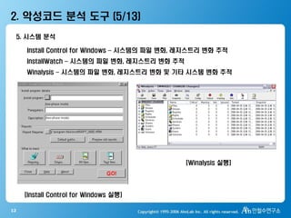 12
2. 악성코드 분석 도구 (5/13)
5. 시스템 분석
Install Control for Windows – 시스템의 파일 변화, 레지스트리 변화 추적
InstallWatch – 시스템의 파일 변화, 레지스트리 변화 추적
Winalysis – 시스템의 파일 변화, 레지스트리 변화 및 기타 시스템 변화 추적
[Install Control for Windows 실행]
[Winalysis 실행]
 
