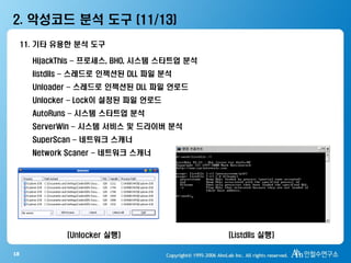 18
2. 악성코드 분석 도구 (11/13)
[Unlocker 실행] [Listdlls 실행]
HijackThis – 프로세스, BHO, 시스템 스타트업 분석
listdlls – 스레드로 인젝션된 DLL 파일 분석
Unloader – 스레드로 인젝션된 DLL 파일 언로드
Unlocker – Lock이 설정된 파일 언로드
AutoRuns – 시스템 스타트업 분석
ServerWin – 시스템 서비스 및 드라이버 분석
SuperScan – 네트워크 스캐너
Network Scaner – 네트워크 스캐너
11. 기타 유용한 분석 도구
 
